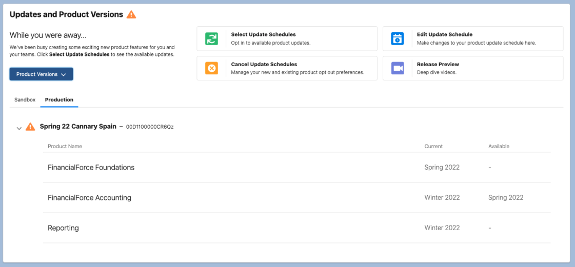 Image showing the updates and product versions page and the product versions drop-down.