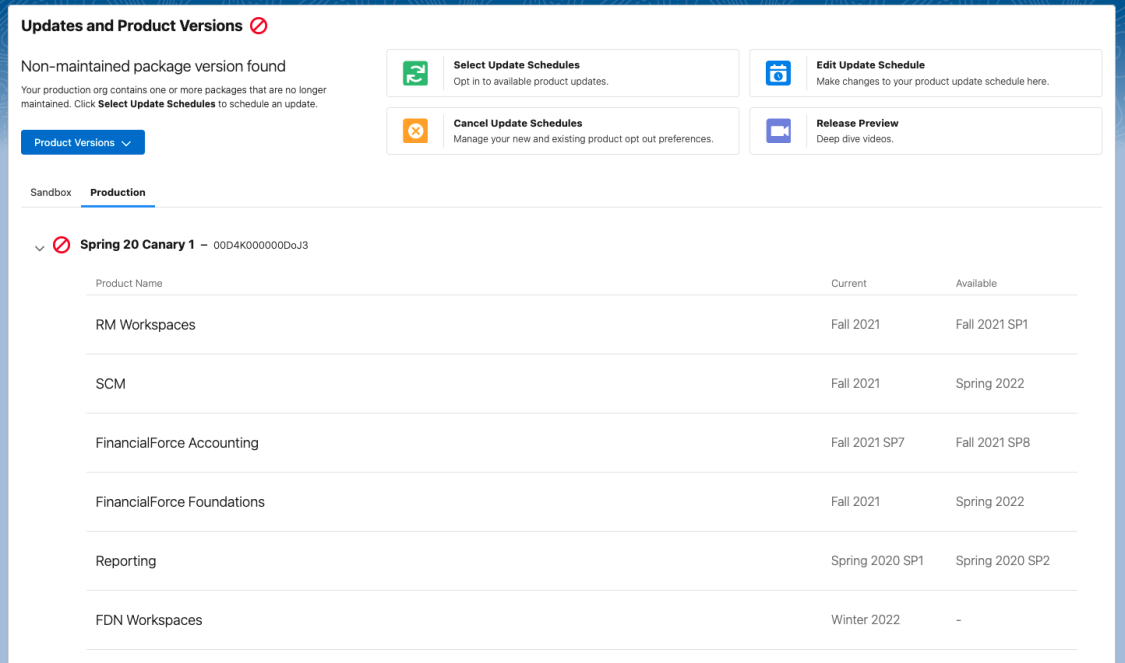 Image showing the updates and product versions page and a non maintained product version symbol.