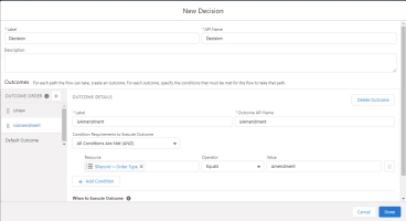 Screenshot of Setting an isAmendment Decision Outcome in the Flow UI