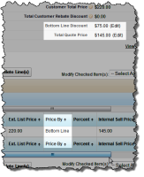  The Price By field changes to show that the Total Quote Price has been reduced by the Bottom Line Discount entered.