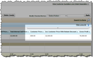 Scrolling to view fields on a customer quotation line.