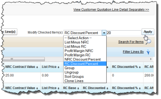  The Modify Checked Items drop-down list in the Quote Line Breakdown section.