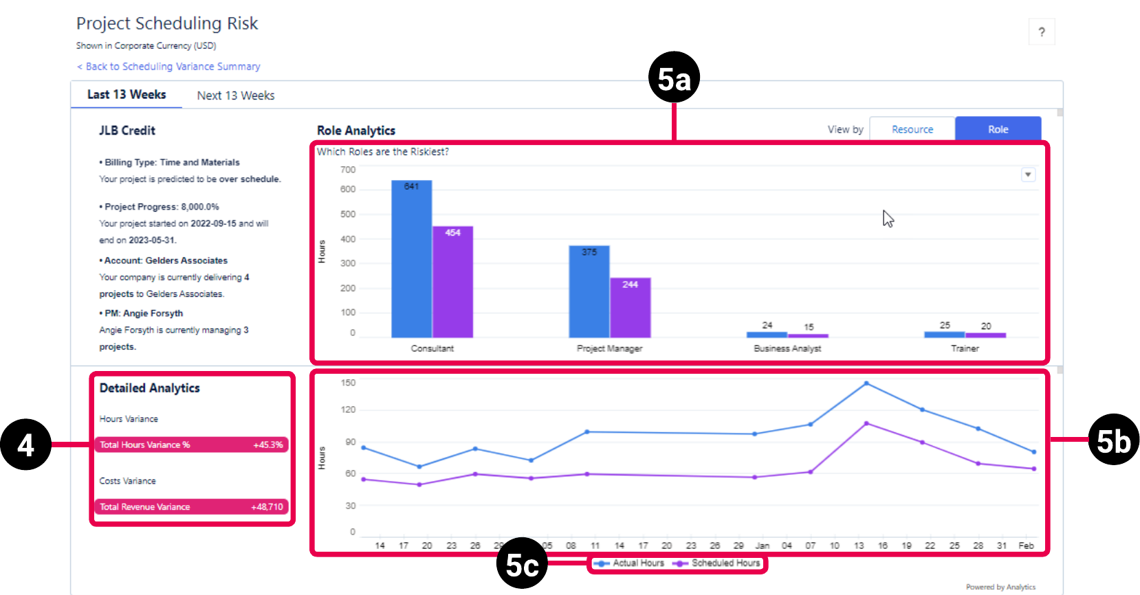 Project Details view of the PSA Project Scheduling Risk dashboard highilghting the key elements of the role view for the last 13 weeks.