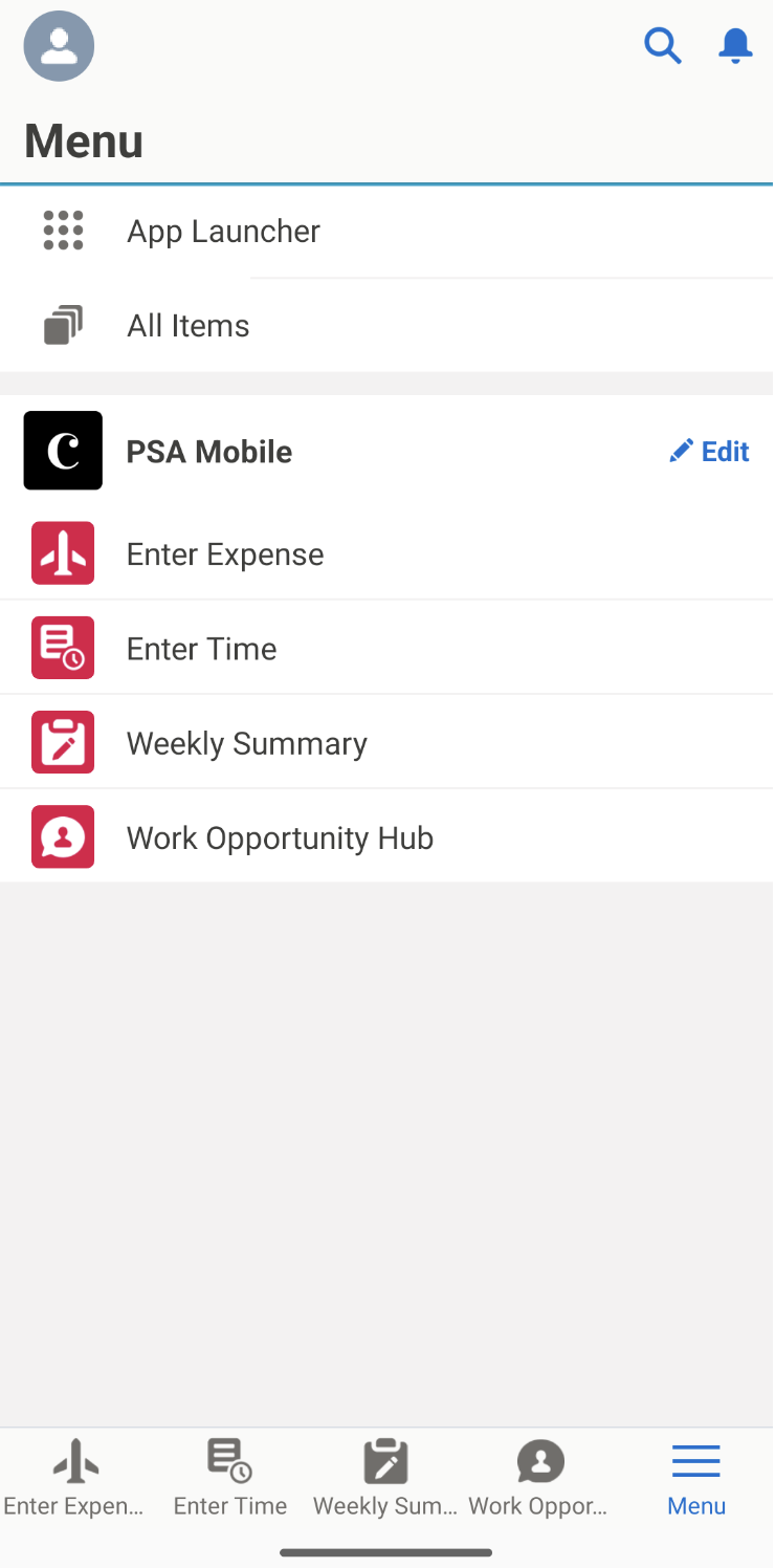 PSA Mobile Application Menu