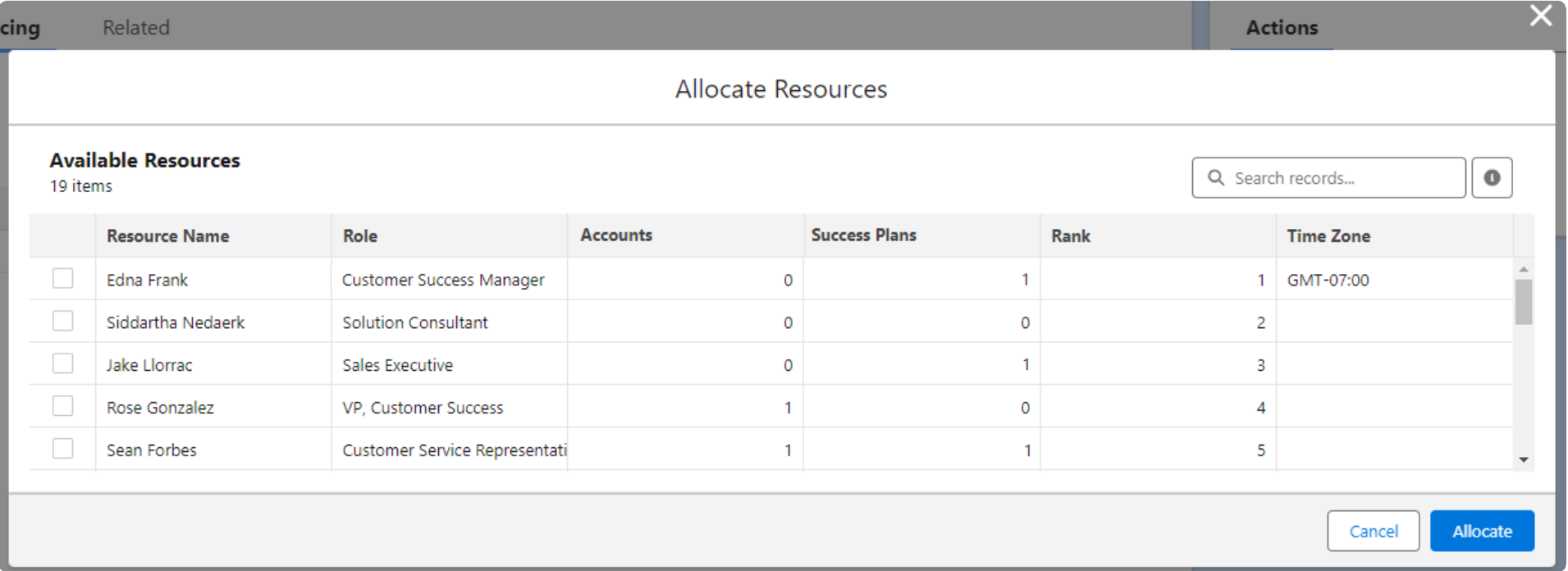 Allocate Resources window with resources ranked by role, then number of active accounts, then number of active success plans.