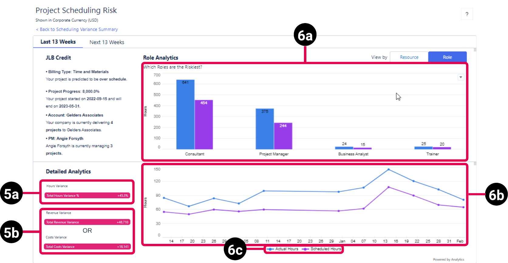 Project Details view of the PSA Project Scheduling Risk dashboard schematic highlighting the key elements of the role view for the last 13 weeks.