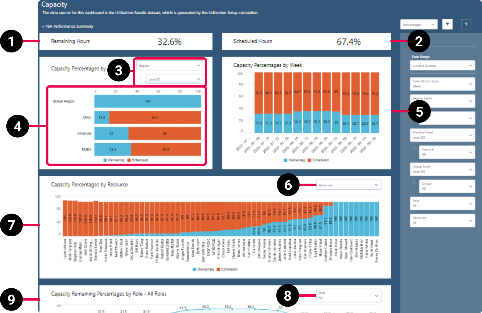 PSA Capacity Summary dashboard schematic highlighting the key elements of the dashboard.