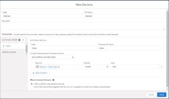 Screenshot of Setting an isNew Decision Outcome in the Flow UI