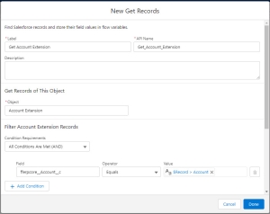 Screenshot of New Get Records window in the Flow UI