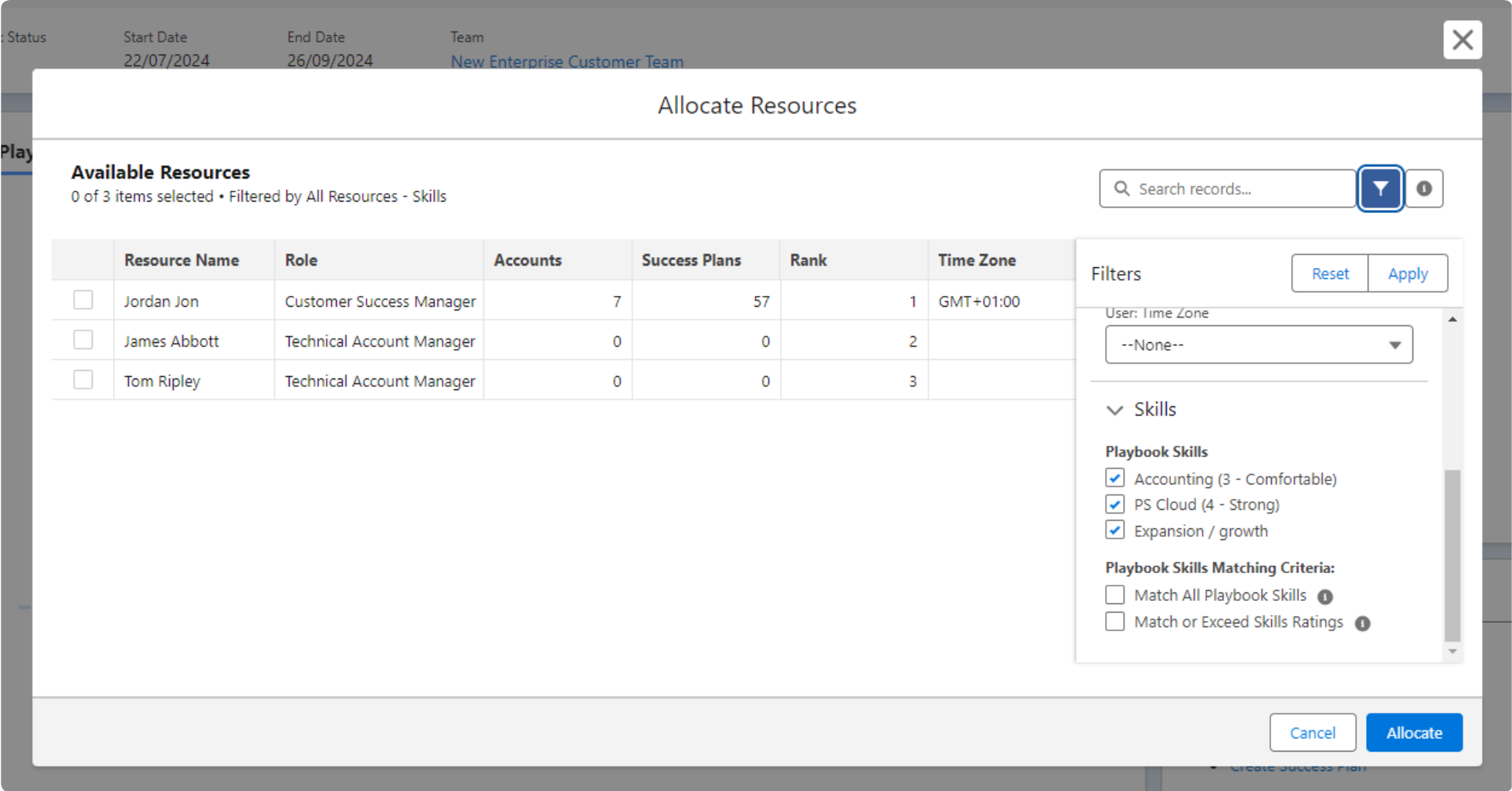 Allocate Resources window, with all available playbook skills selected four resources displayed in the Available Resources table.