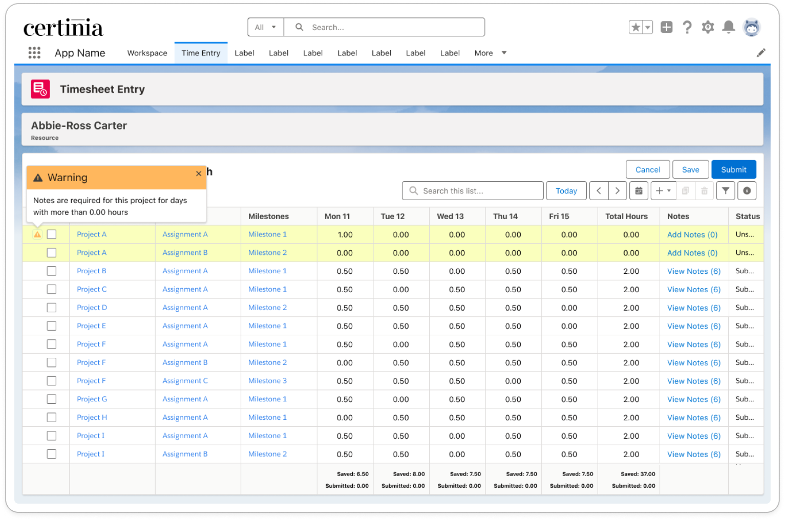 Warning displayed in Timesheet Entry when daily notes are required.