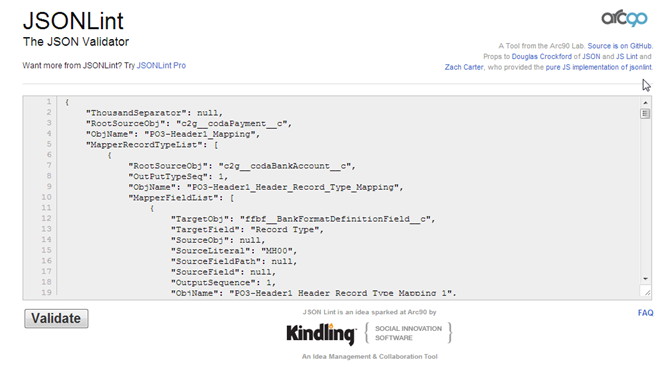 The image illustrates JSONLint a tool to view and validate bank format definitions and mappings.