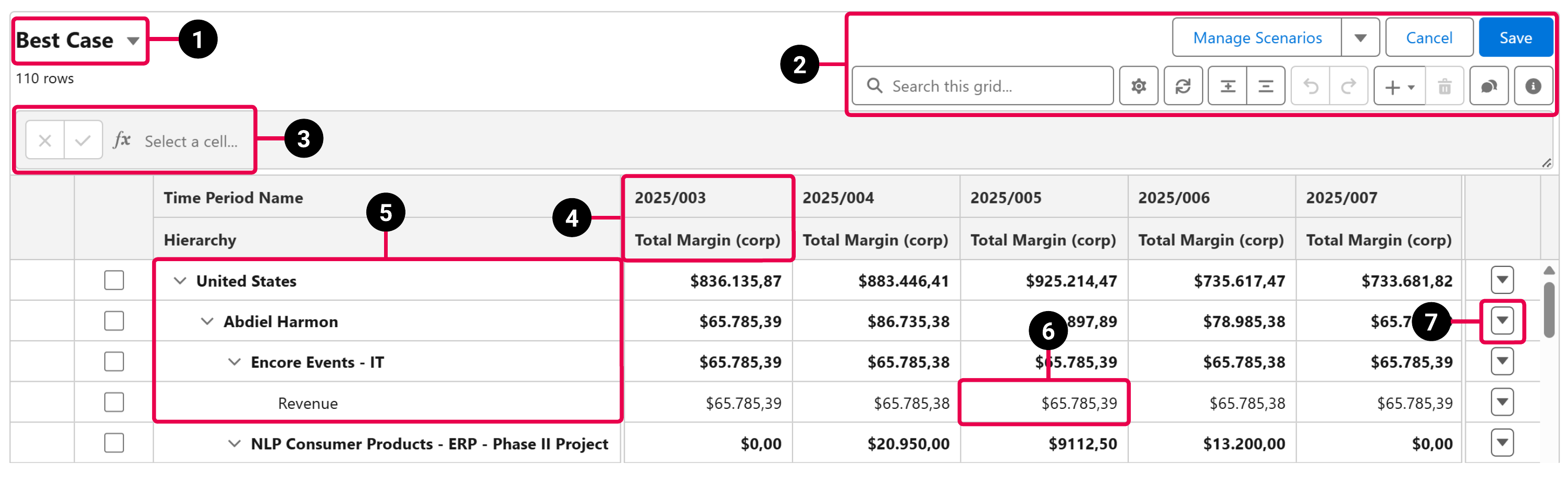 A plan scenario displayed in the plan table, highlighting the different parts of the plan table that contains buttons.