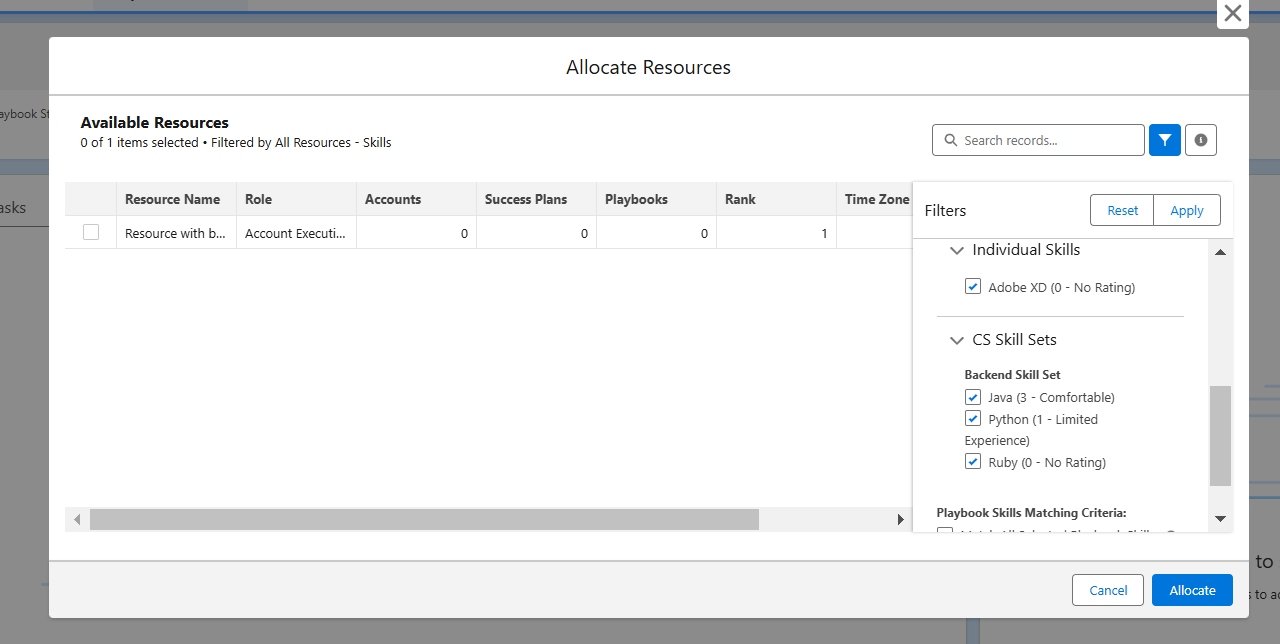 Allocate Resources window with filter panel open showing filtering is available for CS Skill Sets associated with playbook