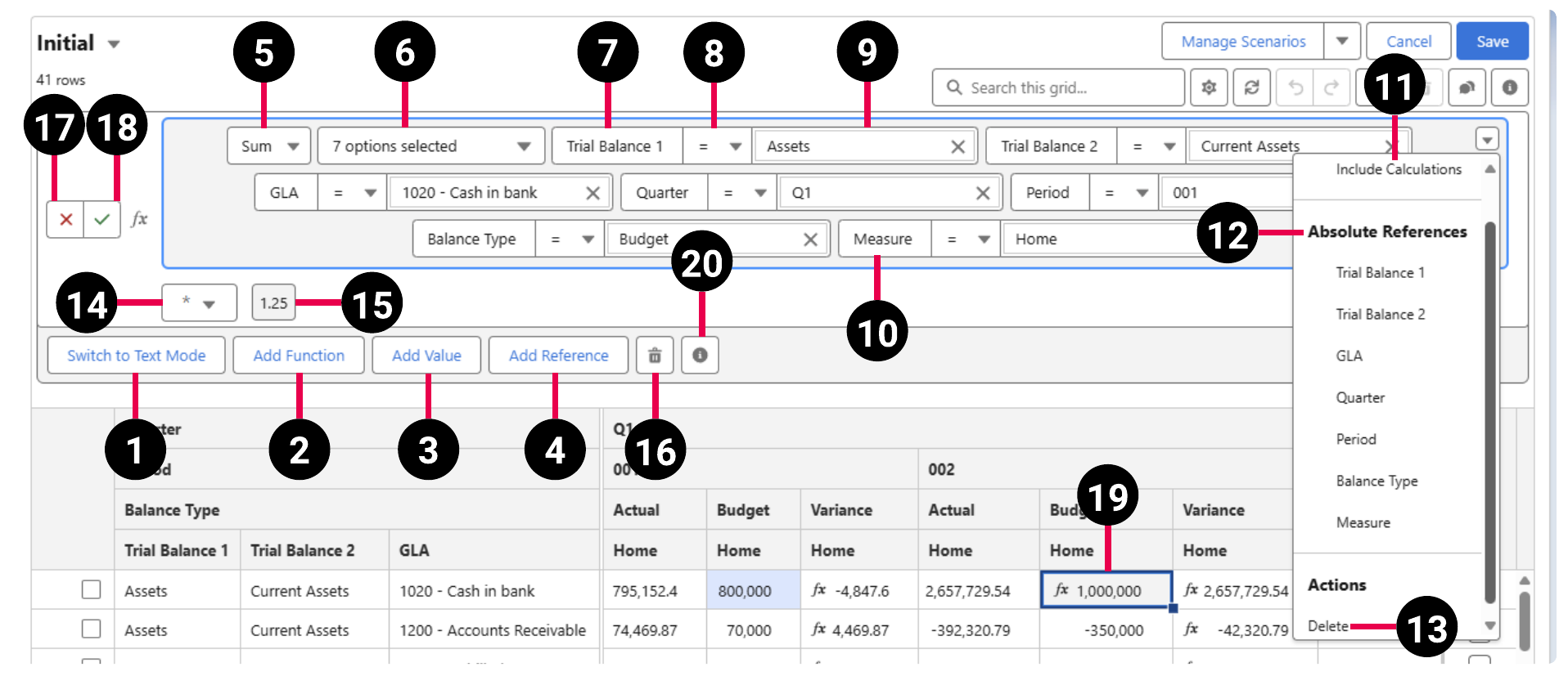 The Formula Builder image details the parts of the Formula Builder user interface.