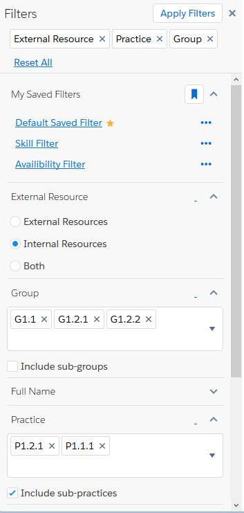 Example image of Resource Planner Filters Panel