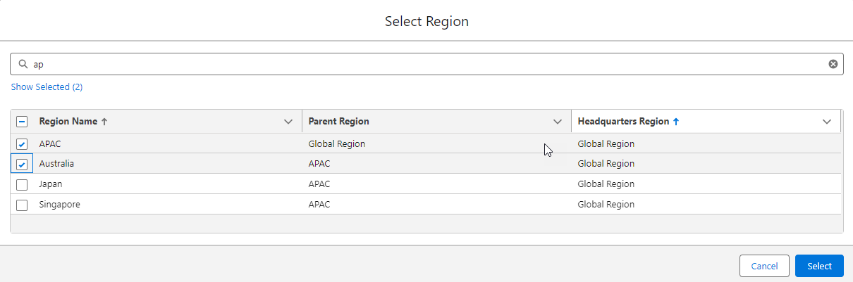 Image showing multi-select region in select region window.