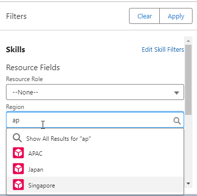 Example image showing the implementation of the single-select lookup functionality in the Filters panel on the Skills Management page