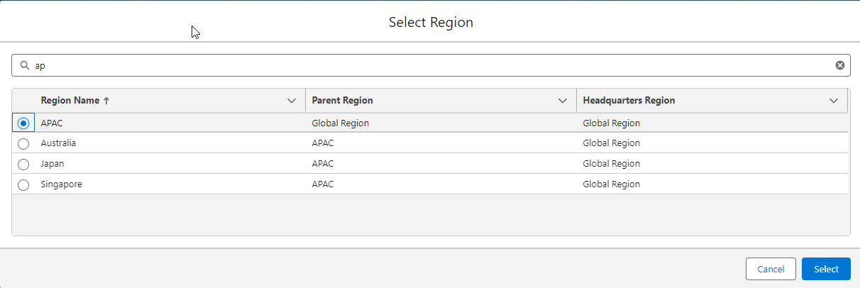 Image showing multi-select region in select region window.