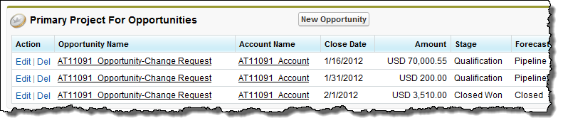Image displays related opportunities in the Primary Project For Opportunities related list on the original project record when you create a change request.