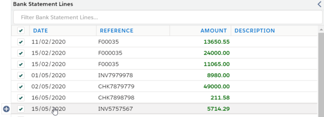 Reconcile Transactions window with a pop-out tab appearing after hovering over an unreconciled bank statement line.