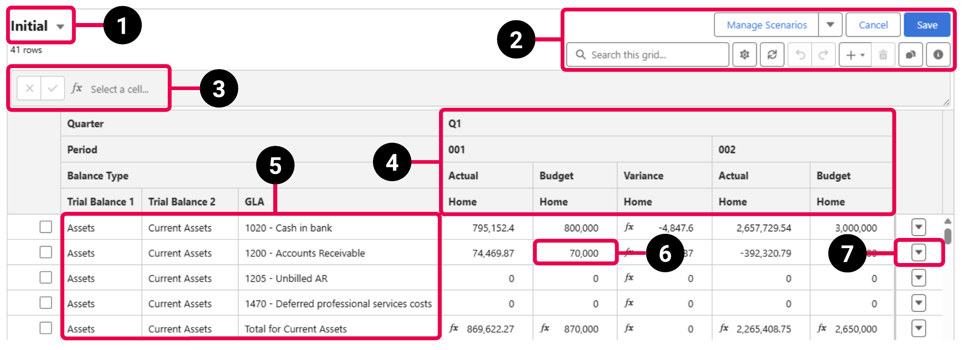A plan scenario displayed in the plan table, highlighting the different parts of the plan table that contains buttons.