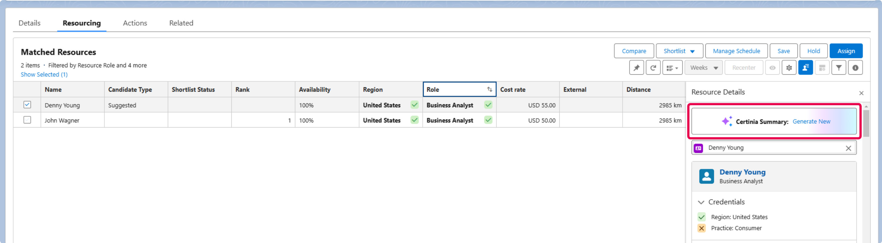 Resourcing tab of a resource request record with the Resource Details panel open and Certinia Summary banner highlighted.
