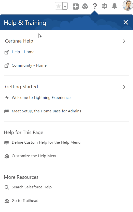 Accessing Certinia Help through the Salesforce Help menu.