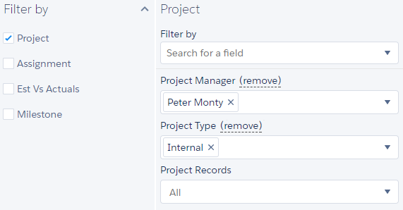 Filter by Project object with Project Manager field selected as Name or Lookup field and Project Type as Internal
